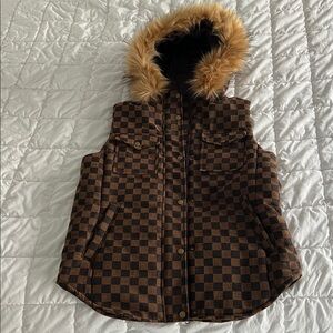 Rare older Judith March checkered vest with faux fur hood pre-2015 style